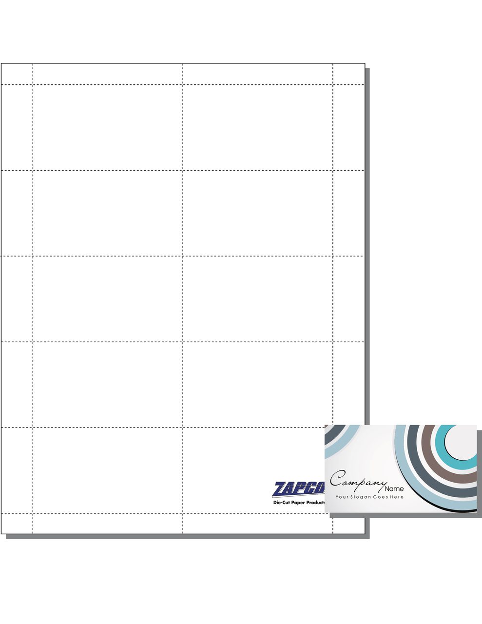 item 600: 10 up 3 1/2" x 2" business card 8 1/2" x 11" sheet (250 sheets) zapco paper item 600: 10 up